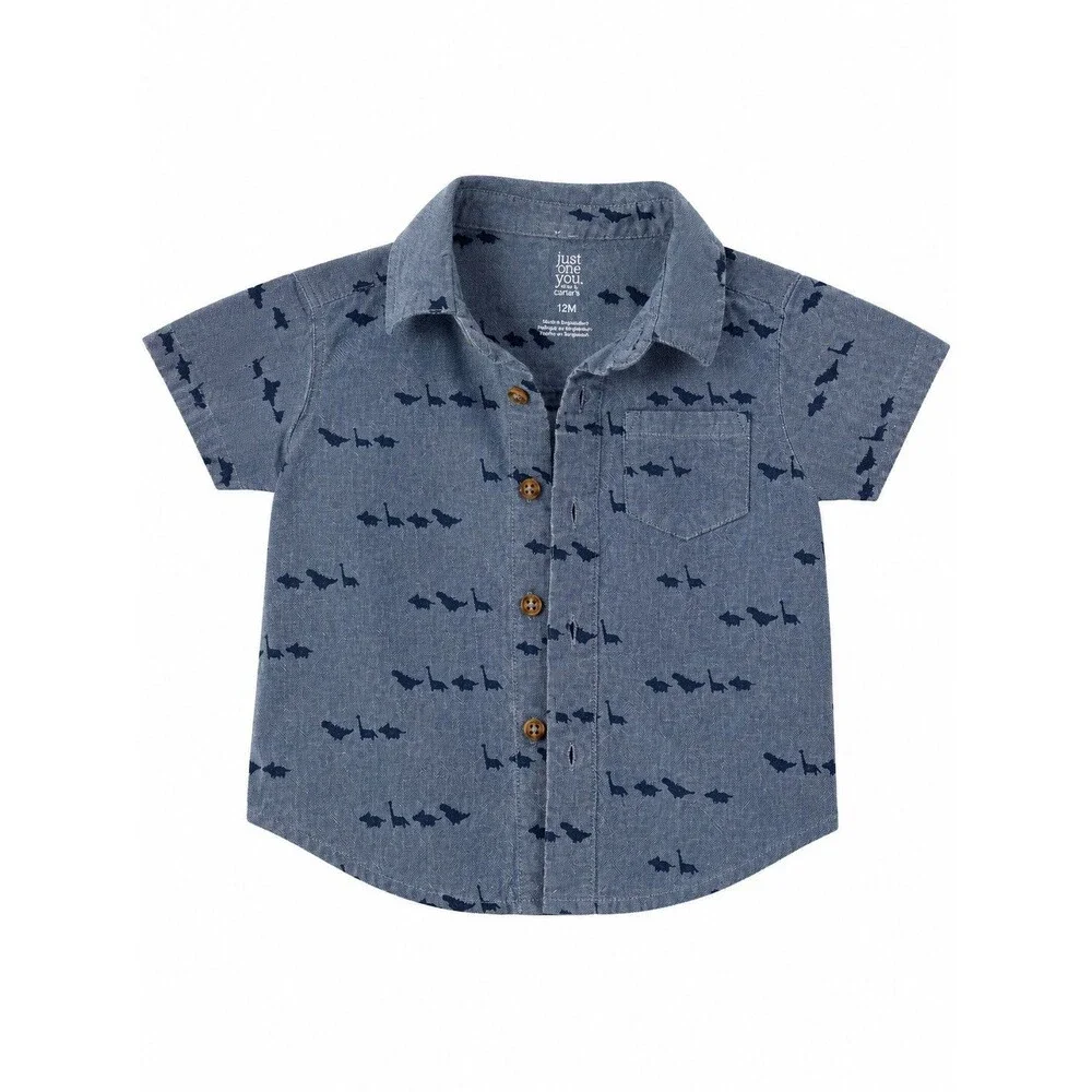Just One You by Carter’s Baby Boy Button-Up Shirt | Size 12M | Blue Dino Print